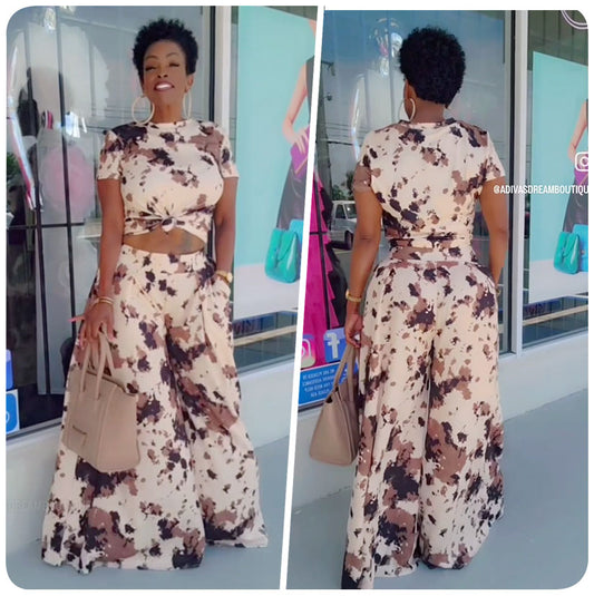 Cow Print Wide Leg Pant Set